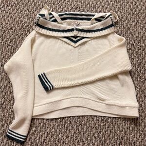 Maeve Cream Off-the-Shoulder Sweater with Black Stripes